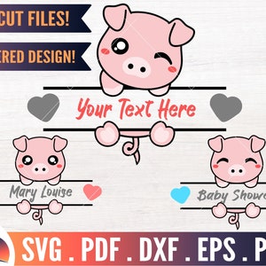 Monograma de cerdo lindo svg, cerdo bebé svg, lechón lindo png, paquete de imágenes prediseñadas de cerdo kawaii, onesie animal, calcomanía de nombre personalizable, archivo de corte cricut