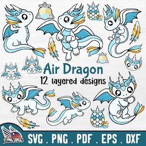 Air Dragon Clipart, Cute Sky Dragon Cut File SVG, Layered Vinyl Bundle, Feather Wind Wyvern, Kawaii Mythical Creature, Vector Download DXF