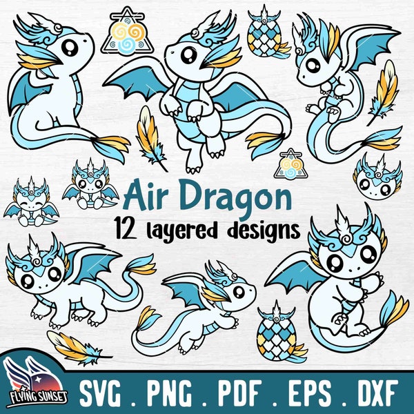 Air Dragon Clipart, Cute Sky Dragon Cut File SVG, Layered Vinyl Bundle, Feather Wind Wyvern, Kawaii Mythical Creature, Vector Download DXF