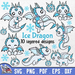Süßer Eisdrache SVG PNG, Baby Schnee Drache Clipart, Kawaii Drachen Bundle, Frozen Animal geschnitten Datei für Cricut, Frost Fabelwesen pdf DXF