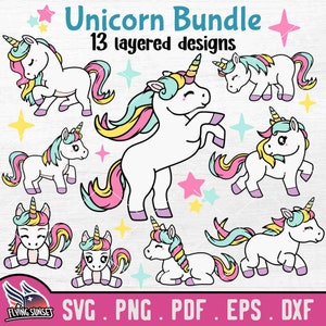 Niedliches Einhorn SVG Bundle, Kawaii Einhorn Clipart, Layered Cut Datei, Cricut Silhouette, Regenbogen Einhorn PNG, Geburtstagskind Vinyl Karte pdf DXF