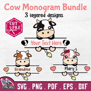 Vache Monogramme SVG Bundle, Split Name Decal, Baby Cow Clipart, Cow Face PNG, Farm Animal Body, Cricut Cut File, Vinyl Iron On Decal DXF