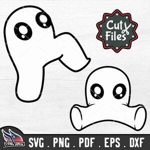 May include: Two black and white cartoon ghost illustrations with large eyes. The ghosts are in different poses. The text "Cut Files" is in a starburst shape.