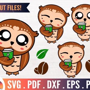 May include: A set of seven digital cut files featuring cute cartoon owls holding coffee cups. The owls are brown with large eyes and are in various poses. The text "7 CUT FILES!" is at the top of the image.