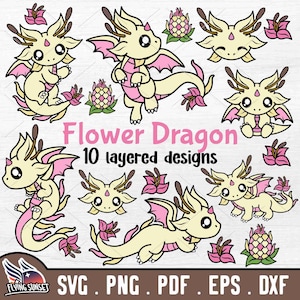 Baby Flower Dragon SVG, Cute Dragon Clipart PNG, Kawaii Dragon, Magical Animal Cut File Cricut, Sweet Mythic, Cryptid Birthday Shirt eps DXF