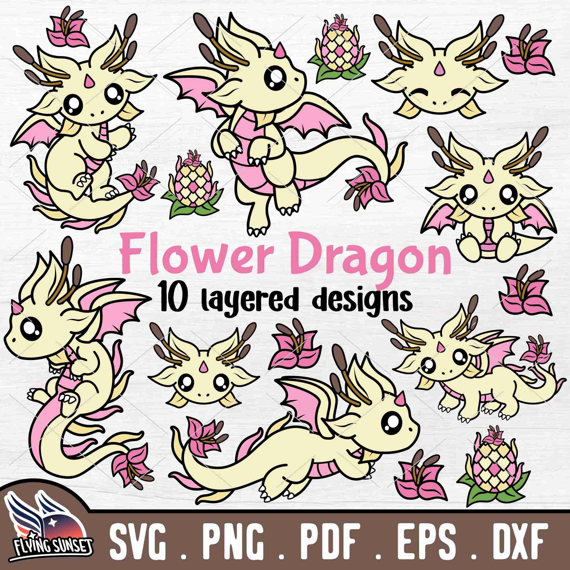 Baby Flower Dragon SVG, Cute Dragon Clipart PNG, Kawaii Dragon, Magical ...