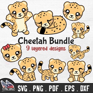 Schattige Cheetah SVG illustraties, Safari dierenbundel, Cartoon dierenshirt, Instant Download, grote kat gesneden bestand Cricut silhouet pdf DXF