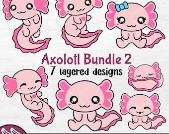 Può includere: Un set di sette disegni a strati con illustrazioni di axolotl rosa con contorni neri. Gli axolotl hanno espressioni e pose diverse, tra cui uno con un fiocco blu. Il testo "Axolotl Bundle 2" e "7 layered designs" è incluso nell'immagine.