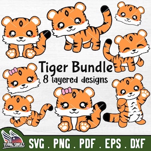 Bebé tigre SVG, lindo tigre clipart, archivo de corte de tigre dulce, safari animal onesie, cachorro de tigre kawaii, mascota de silueta cricut en capas DXP PNG