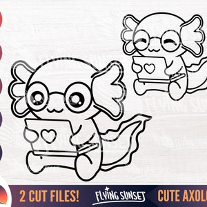 Nerdy Axolotl SVG Umriss, lustige Axolotl Cut Datei Clipart, Silhouette Studenten Abschlussfeier, Laptop Geek Cricut, Cricut Färbung Seite PNG DXF