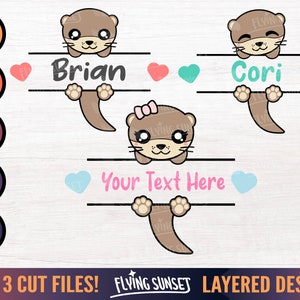 Niedliche Otter Monogramm SVG PNG Datei, Kawaii Baby Clipart, Meer Fluss Tier Namensschild, Wasser Neugeborenen Aufkleber, anpassbare Split Aufkleber DXF