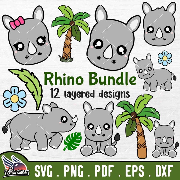 Cute Rhino SVG, Baby Rhino Clipart PNG, Layered Rhinoceros Cricut Cut File, Safari Jungle Bundle, Birthday Zoo Shirt, Animal Lover pdf DXF