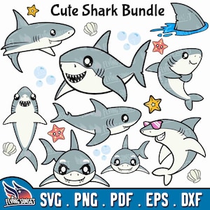 Cute Shark SVG, Baby Shark Clipart, Great White Shark PNG, Cartoon Animal, Shark Birthday Images pdf eps dxf, Cricut Cut Files