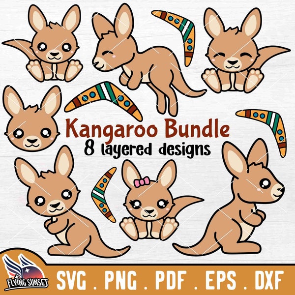 Cute Kangaroo SVG, Baby Kangaroo svg, Kawaii Kangaroo Clipart, Australian Animal, Boomerang Shirt, Outback Bundle, Aussie Cartoon EPS DXF