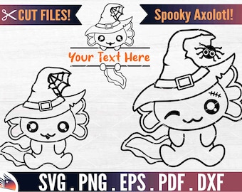 May include: A black and white line art illustration of a cute axolotl wearing a witch hat with a spider on top. The axolotl is wearing a witch hat with a spider on top. The text "Spooky Axolotl!" is above the axolotl. The text "Your Text Here" is below the axolotl.