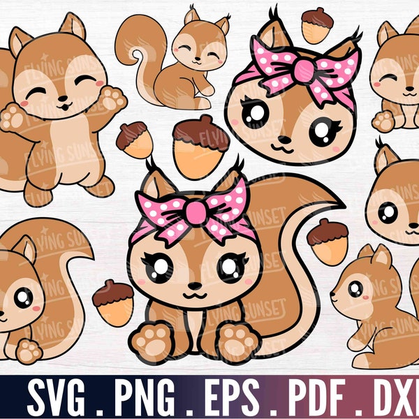 Squirrel SVG, Cute Squirrel Cut File, Kawaii Forest Clipart Bundle, Animal Onesie, Sweet Woodland Creature PNG, Acorn Squirrel Face eps DXF