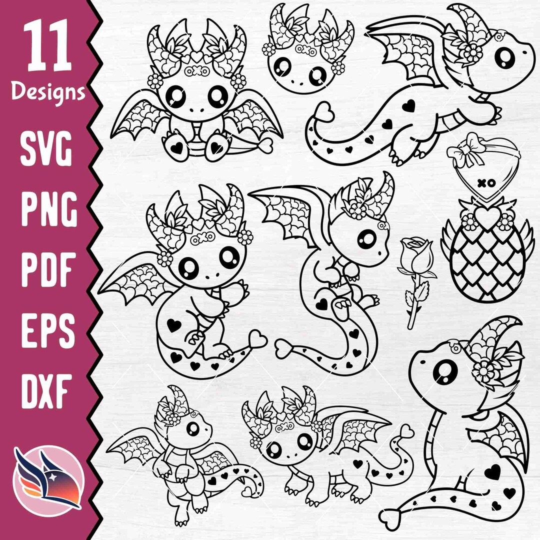 Valentines Dragon Outline SVG, Love Dragon Clip Art, Heart Dragon ...