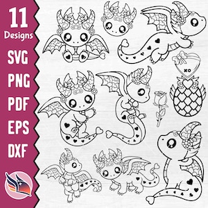 Saint-Valentin Dragon contour SVG, clipart Dragon amour, Silhouette de Dragon coeur, mignon Saint-Valentin PNG, Dragon mignon à colorier