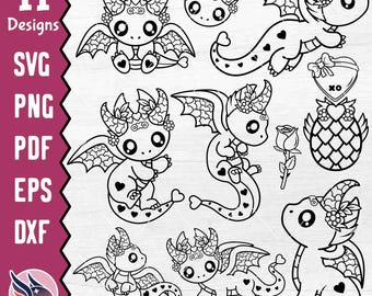 Valentines Dragon Outline SVG, Love Dragon Clip Art, Heart Dragon Silhouette, Cute Valentines Day PNG, Cute Dragon Coloring Page Printable
