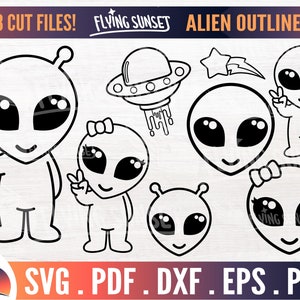 Contorno de alienígena fofo SVG, decalque de rosto de alienígena, pacote de clipart Kawaii, arquivo de corte Cricut do espaço sideral, menina de sinal de paz marciana PNG, página para colorir DXF