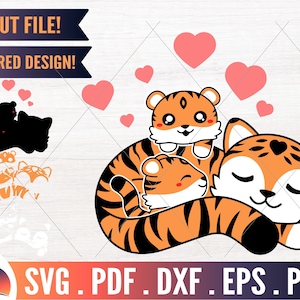 Tiger Mom And Cubs SVG, Baby Tiger SVG, Momma Clipart, Mothers Day Cut File, Family Sibling Decal, Kawaii Jungle Animal, Wild Life DXF EPS