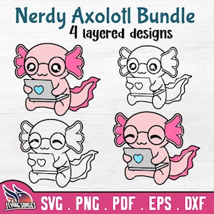Nerd Axolotl SVG, Kawaii Axolotl Clipart PNG, süße Cricut Cut Datei, Schüler Aufkleber, Laptop Vinyl Bügelbild, druckbares Design DXF