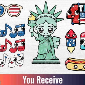 Puede incluir: Un conjunto de 10 im&aacute;genes de clipart digital con tem&aacute;tica patri&oacute;tica. Las im&aacute;genes incluyen la Estatua de la Libertad, un perrito caliente, un fuego artificial, un cono de helado, notas musicales, gafas de sol y una bandera del 4 de julio. Todas las im&aacute;genes est&aacute;n en un estilo de dibujos animados con colores brillantes y caras lindas.