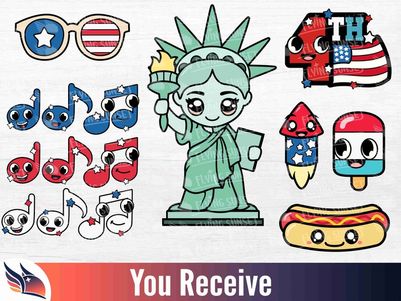 Puede incluir: Un conjunto de 10 im&aacute;genes de clipart digital con tem&aacute;tica patri&oacute;tica. Las im&aacute;genes incluyen la Estatua de la Libertad, un perrito caliente, un fuego artificial, un cono de helado, notas musicales, gafas de sol y una bandera del 4 de julio. Todas las im&aacute;genes est&aacute;n en un estilo de dibujos animados con colores brillantes y caras lindas.