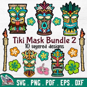 Tiki Mask SVG Bundle, Totem Pole Face Layered, Hawaiian Idol Clipart PNG, Summer Luau Party, Cricut Hula Cut File, Tropical Island Beach DXF
