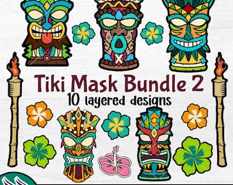 Tiki Mask SVG Bundle, Totem Pole Face Layered, Hawaiian Idol Clipart PNG, Summer Luau Party, Cricut Hula Cut File, Tropical Island Beach DXF