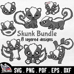 Lindo Skunk SVG, Baby Skunk Clipart, Kawaii Forest Woodland Animal, Zoo Onesie, Calcomanía de archivo de corte en capas, Silueta cricut, Eps apestoso PNG DXF
