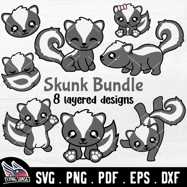 Cute Skunk SVG, Baby Skunk Clipart, Kawaii Forest Woodland Animal, Zoo Onesie, Layered Cut File Decal, Cricut Silhouette, Stinky eps PNG DXF