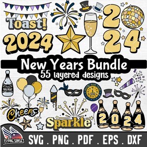 Imágenes prediseñadas de Año Nuevo, Feliz Año Nuevo SVG, Archivo de corte svg 2024, Cricut Silhouette NYE Bundle Masquerade PNG, Colección Champagne Disco Ball Drop