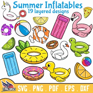 Pool Party SVG, Clipart de infláveis, Arquivos de corte de verão em camadas, PNG, Bote de natação, Bola de praia PDF