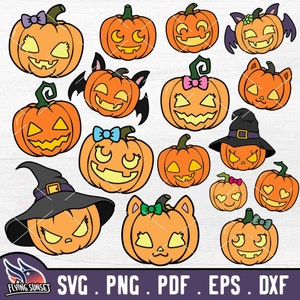 Cute Pumpkin SVG, Cute Jack O Lantern Clip Art, Halloween PNG Bundle, Printable Shirt Cut File, Bat Cat Witch Face