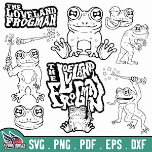 Puede incluir: Ilustración en blanco y negro de línea de arte de una rana con el texto "The Loveland Frogman" en una fuente estilizada. La rana se representa en varias poses, incluyendo sosteniendo una varita, sentada y de pie.