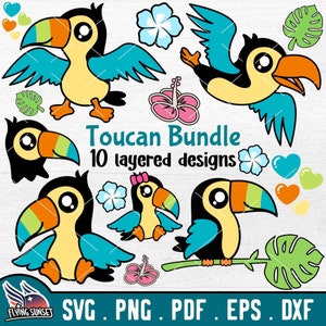 Tucano SVG PNG, clipart de pássaro tropical fofo, arquivo de corte de tucano Kawaii em camadas, bolha de coração, flor da ilha, adesivo de hibisco para impressão eps DXF