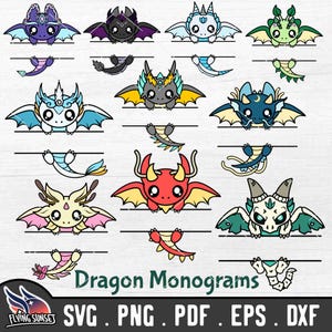 ドラゴン モノグラム SVG バンドル、レイヤード ドラゴン クリップ アート、火氷水エレメンタル ドラゴン、かわいいドラゴン名刺、カスタマイズ可能な PNG