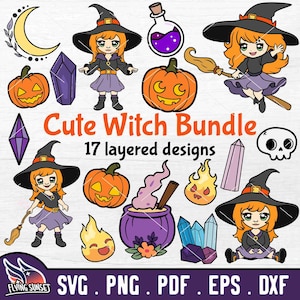 Niedliche Hexe SVG, Niedliches Halloween Bundle PNG, Amethyst Kristall Cartoon, Hexe Fliegen Auf Besen, Monster Illustration DXF
