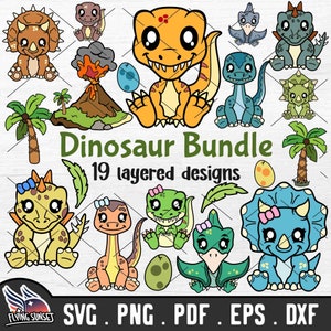 19 süße Dinosaurier SVG, Dinosaurier ClipArt PNG, T-Rex Shirt, Triceratops Bundle, Stegosaurus Brontosaurus Cricut Cut File, Vulkan DXF