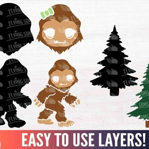 May include: A digital design file for a layered SVG cut file featuring a brown Bigfoot character, a black silhouette of a Bigfoot, a green and brown pine tree, and a black silhouette of a pine tree. The design includes the text "Easy to Use Layers!"