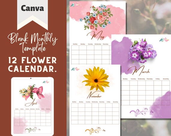 Blank Monthly Flower Calendar Printable 12 Desk Calendar - Etsy