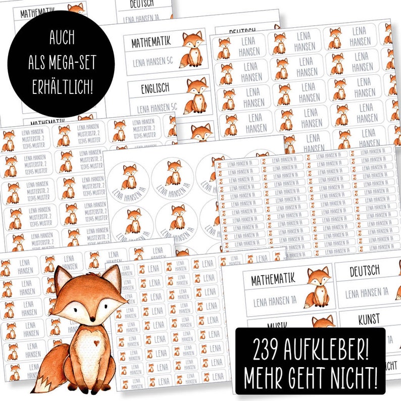 Schulset Namensaufkleber 62 Aufkleber Fuchs spülmaschinenfest Klebelinchen Mega-Set