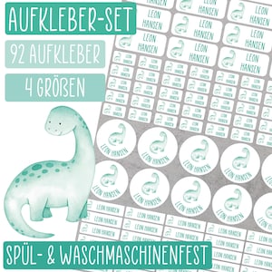 92 Namensaufkleber - für Gegenstände und Kleidung - Dino grün - Kita, Kindergarten, Schule - personalisiert