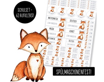 School set name stickers - 62 stickers - fox - dishwasher safe – Klebelinchen