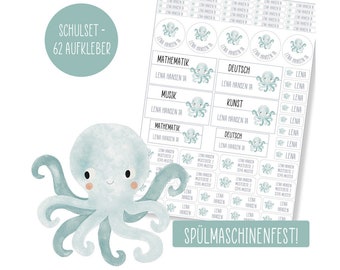 School set name stickers - 62 stickers - octopus - dishwasher safe - adhesive tape