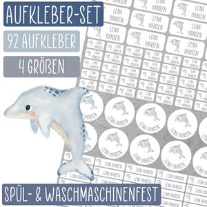 92 Namensaufkleber - für Gegenstände und Kleidung - Delfin - Kita, Kindergarten, Schule - personalisiert