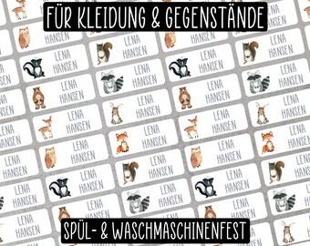 Namensaufkleber für Kleidung und Gegenstände - Waldtiere - spül- und waschmaschinenfest - für Kita, Kindergarten, Schule und Freizeit