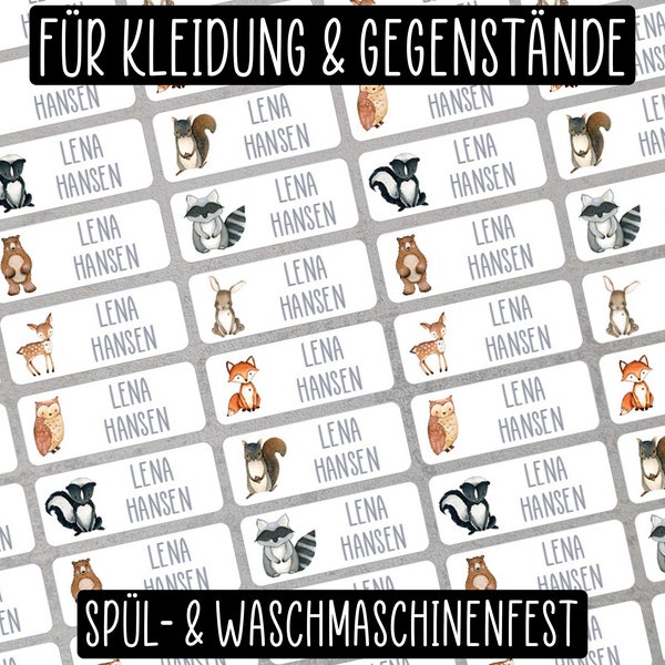 Namensaufkleber für Kleidung und Gegenstände - Waldtiere - spül- und waschmaschinenfest - für Kita, Kindergarten, Schule und Freizeit