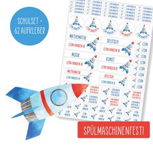 Schulset Namensaufkleber - 62 Aufkleber - Rakete - spülmaschinenfest – Klebelinchen